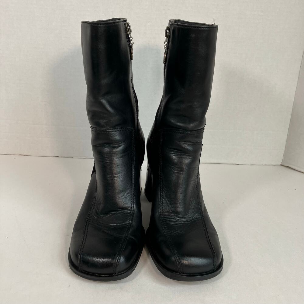 Harley Davidson Sz 7.5 Black Leather Square Toe Flame Appliqué High Heeled Boots
